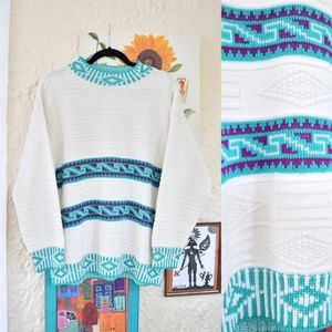90s white teal blue green purple geometric knit sweater (L)